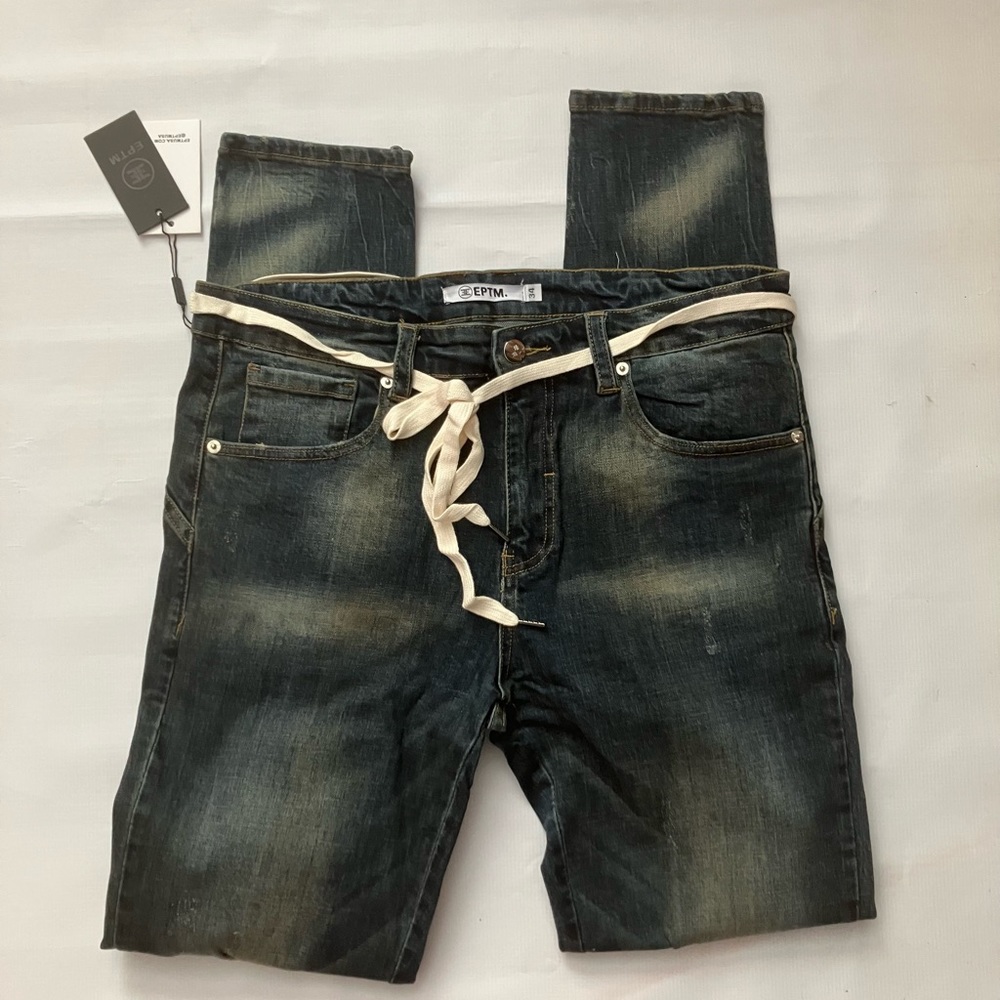 NEW EPTM SKINNY RIPPED JEANS DARK INDIGO SIZE 34x32 STRETCH FIT STREETWEAR DRIP - Picture 2 of 5